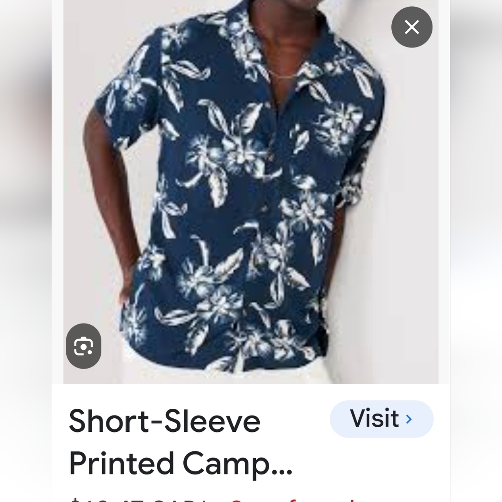 Old navy short sleeve navy blue and white hawaiian style shirt.